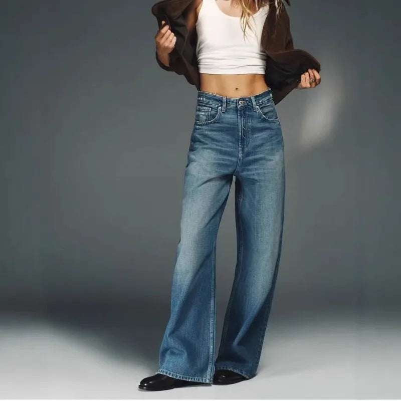 Jeans Wide Leg Blau mit braunen Taschen am Gesäß