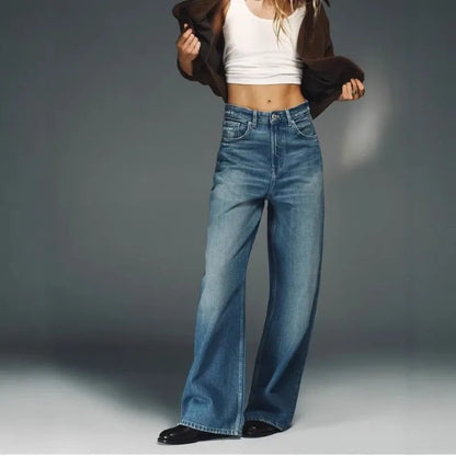Jeans Wide Leg Blau mit braunen Taschen am Gesäß