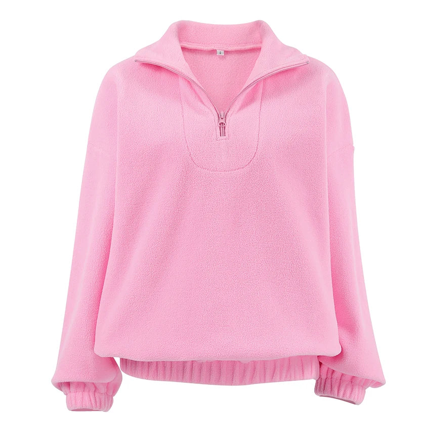 Damen Fleece Pullover Pink mit Reißverschluss Stehkragen