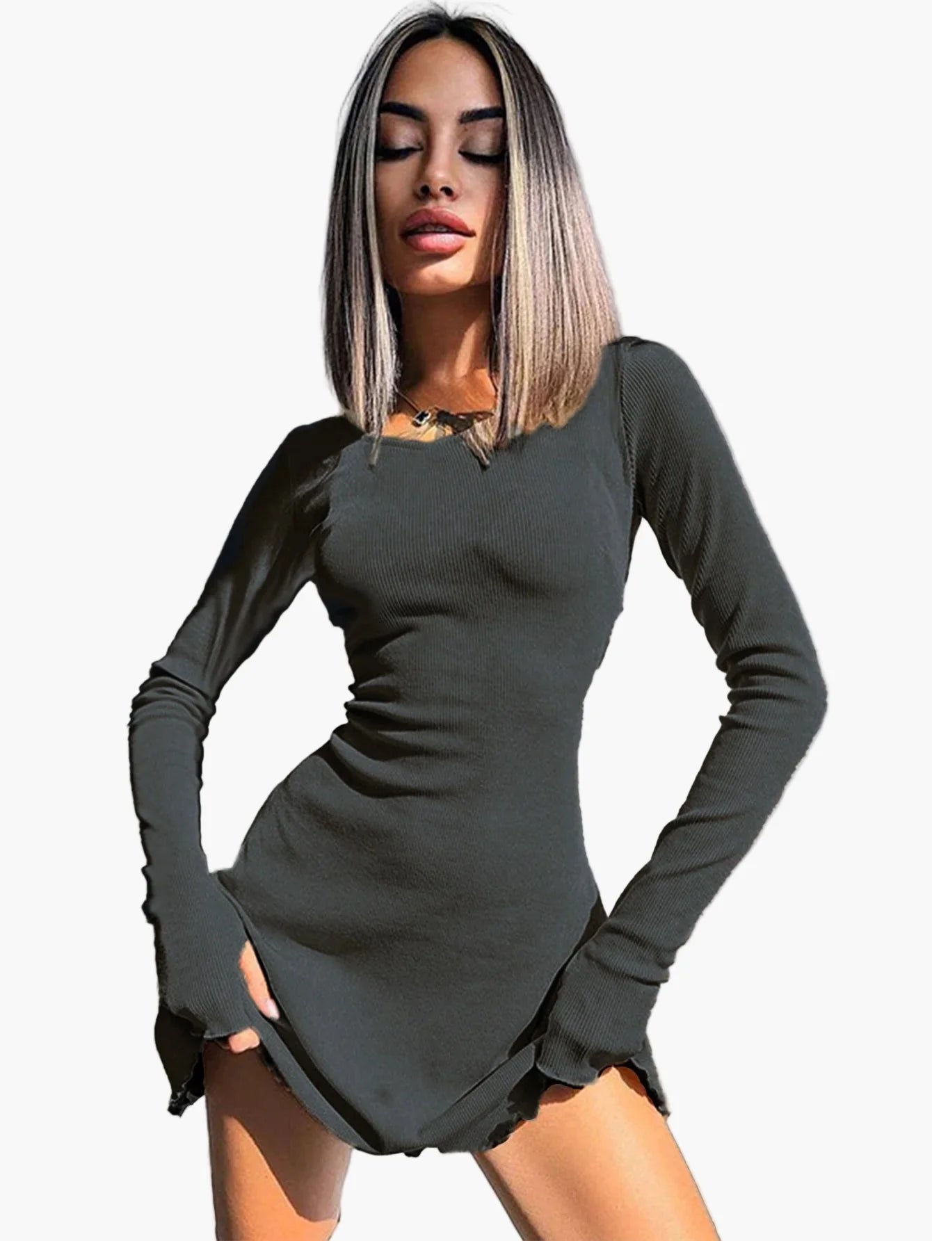 Damen Figurbetontes Stretch-Kleid mit Langarm – Elegantes Freizeit- und Ausgehkleid, Modernes Design