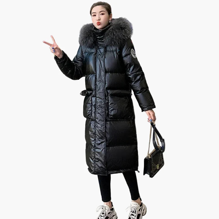 Damen Winter Daunenmantel mit Kapuze und Fellkragen – Eleganter, warmer Steppmantel für Alltag & Outdoor
