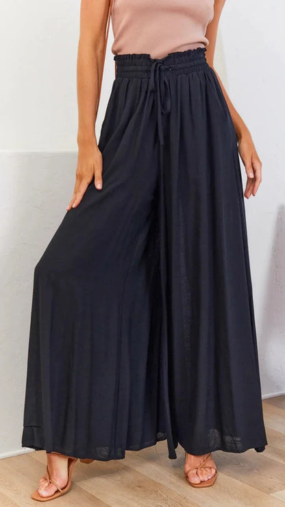 Damen Weite Hose mit Hohem Bund und Kordelzug, Lockere Palazzo-Hose