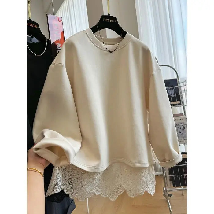 Damen Sweatshirt mit Spitze am Rücken Offen Langer Arm Creme