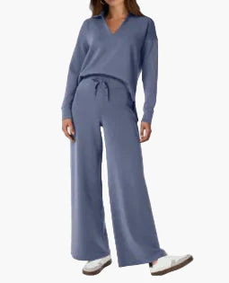 Damen Freizeit-Loungewear Set mit weitem Bein und V-Ausschnitt – Komfortabler Hausanzug