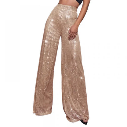 Damen Pailletten Weite Hose mit Hohem Bund Glamourös Glänzend Violett