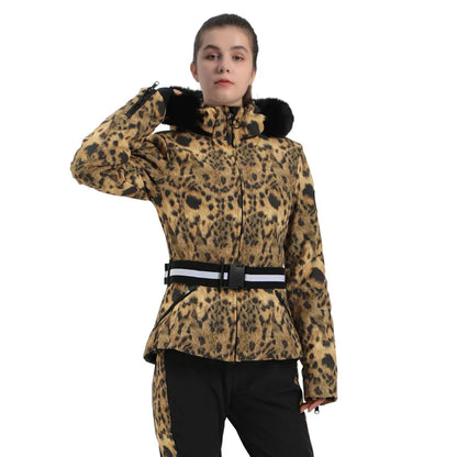Damen Skijacke mit Kunstfellkapuze & Gürtel, Schwarz-Beige Hahnentritt