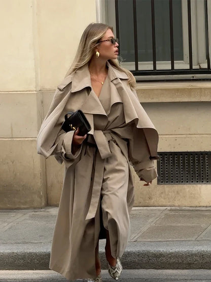 Damen Oversize Trenchcoat Mantel Lang Windbreaker Khaki