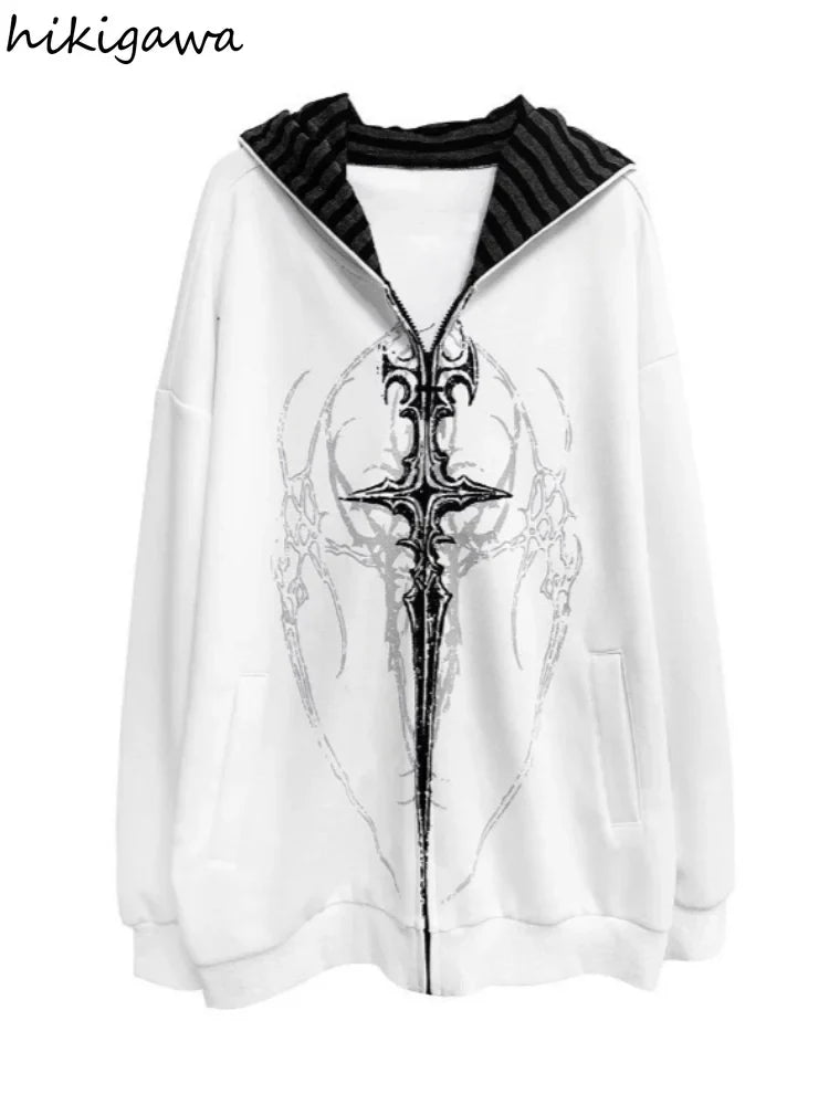 Übergroßer Kapuzenpullover mit Reißverschluss, grafischem Print und gestreiftem Futter, Unisex