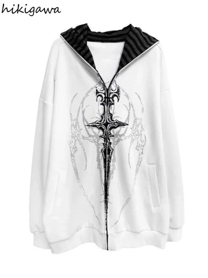Übergroßer Kapuzenpullover mit Reißverschluss, grafischem Print und gestreiftem Futter, Unisex