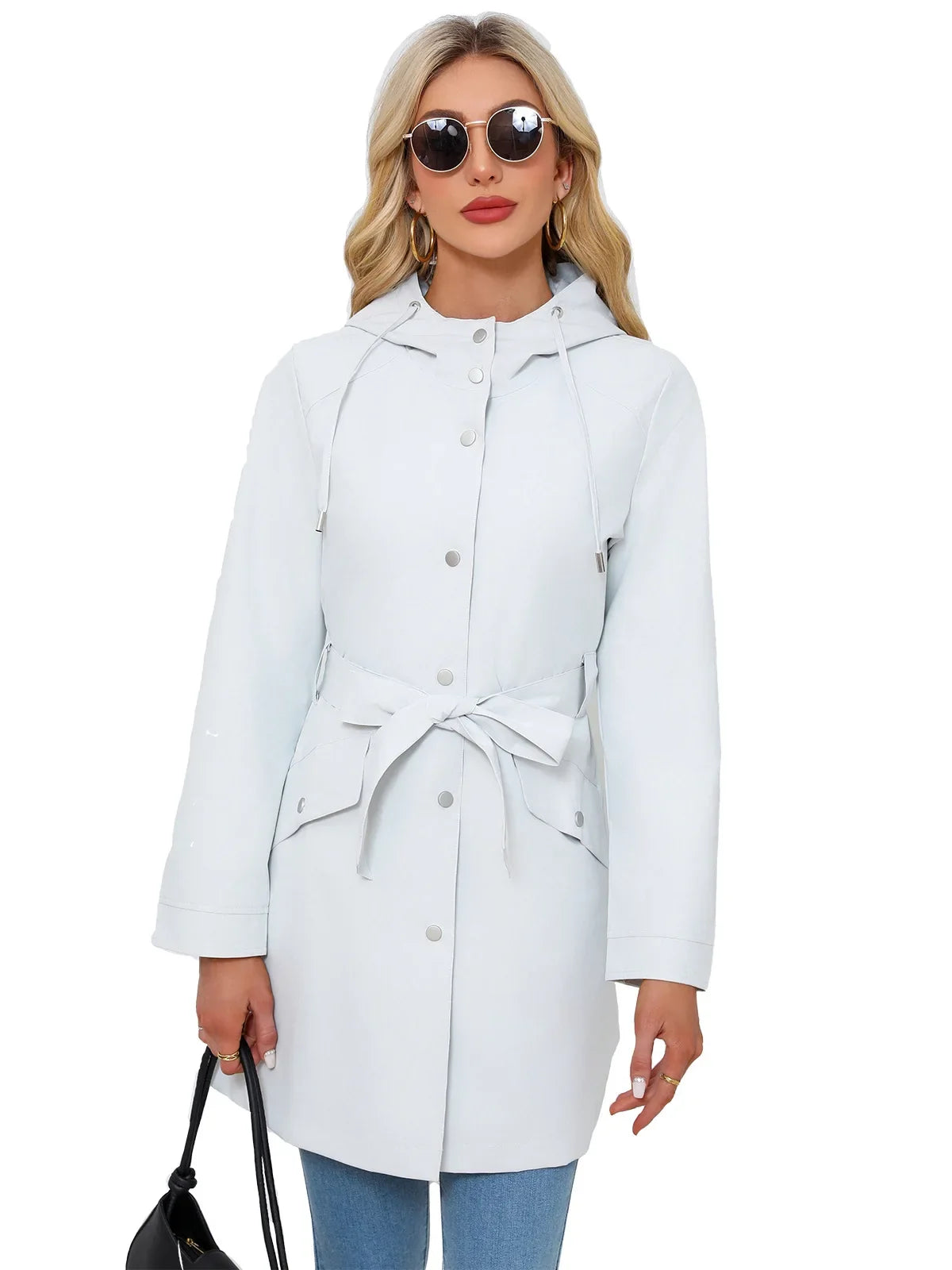 Damen Regenjacke mit Kapuze, Tunnelzug und Gürtel, Hellbeige