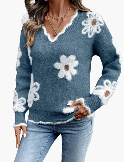 Damen Strickpullover mit Blumenmuster und V-Ausschnitt – Modischer Freizeit-Sweater