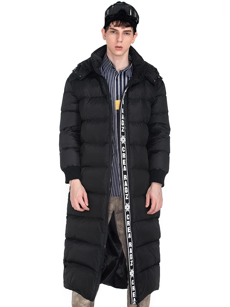 Langer Schwarzer Winter Steppmantel mit Kapuze für Herren