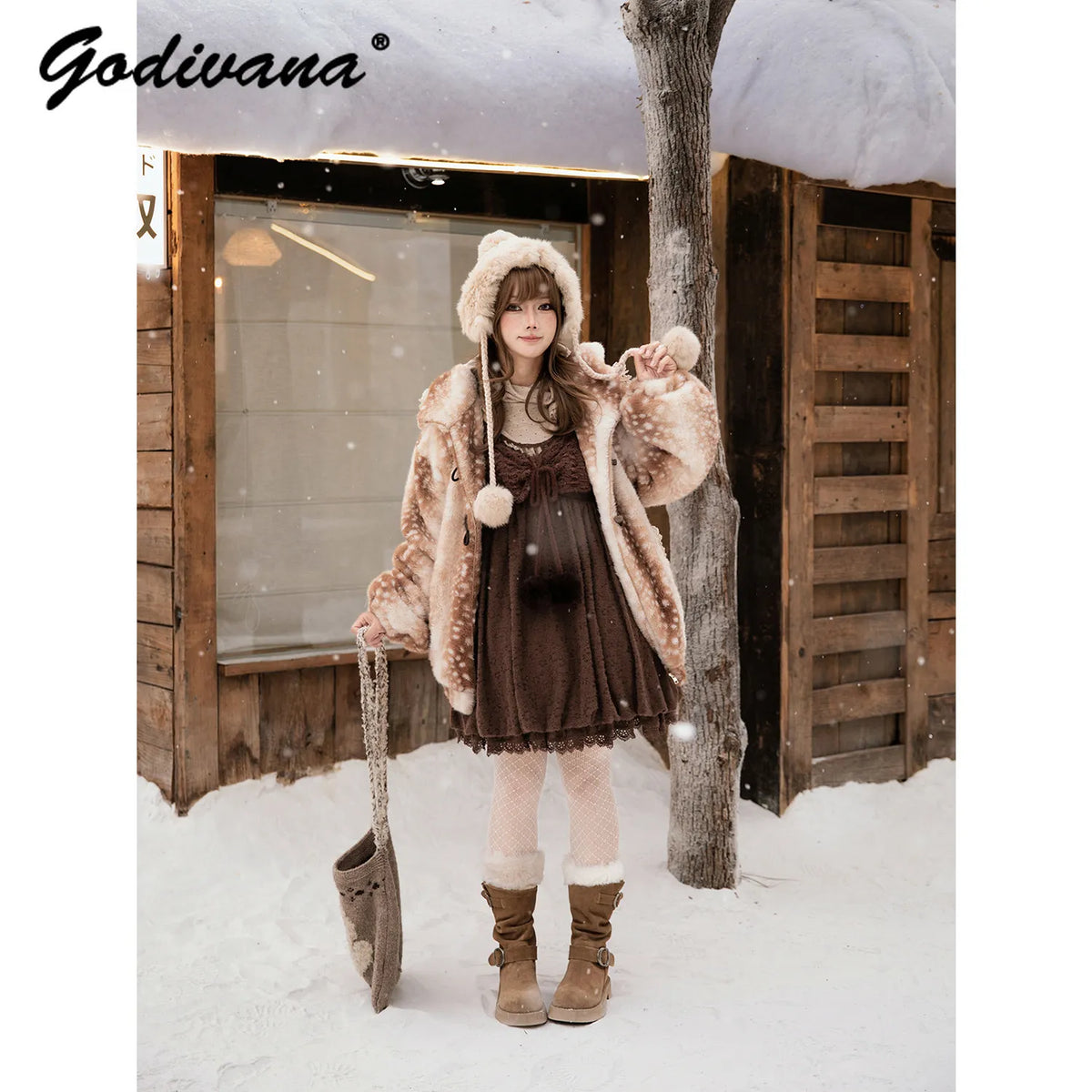 Hirsch Winterjacke Damen Teddyfell Gefleckt mit Kapuze