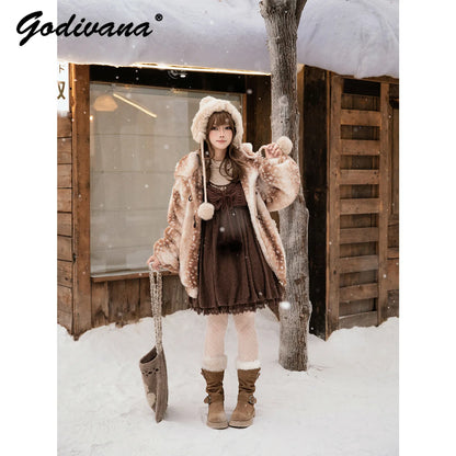 Hirsch Winterjacke Damen Teddyfell Gefleckt mit Kapuze