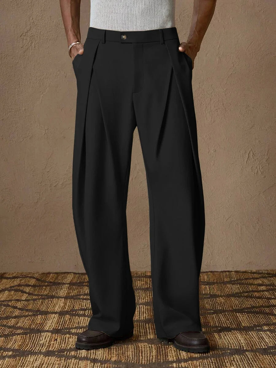 Herren Weite Hose mit Bundfalten, Hohem Bund und Knopfverschluss