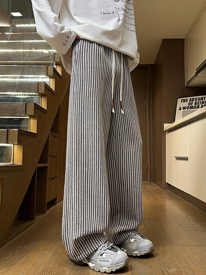 Unisex Freizeithose mit Fischgrätmuster Braun Weiß Kordelzug lockere Passform