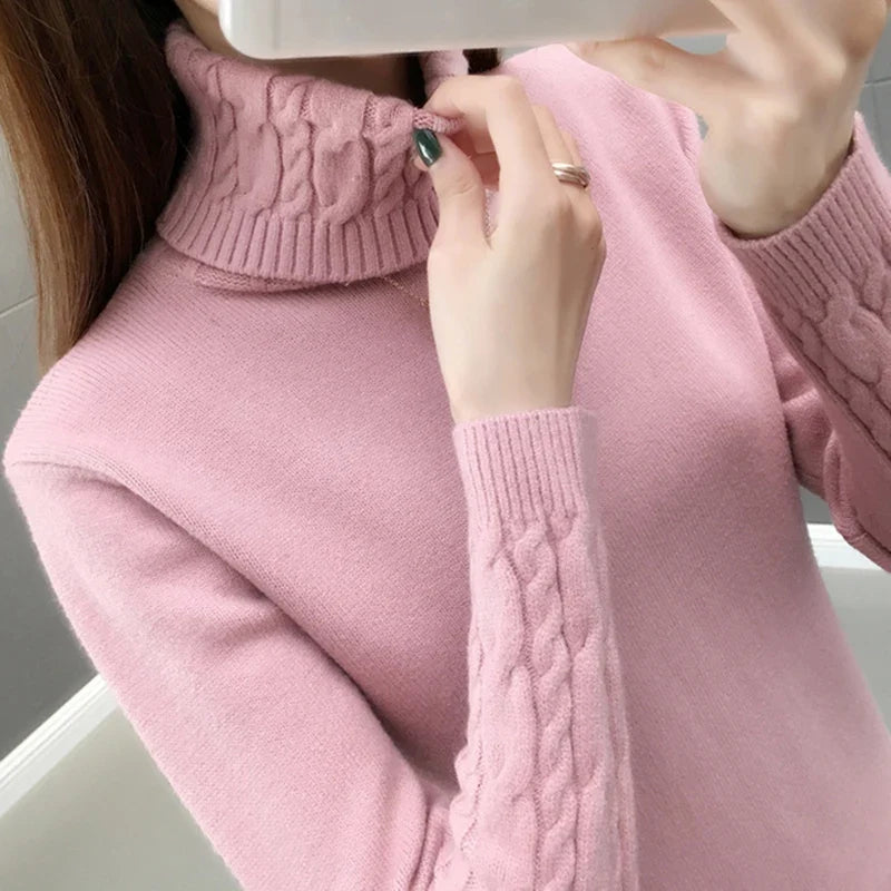 Damen Rollkragenpullover mit Zopfmuster Ärmeln und Hals - warmer Strickpullover