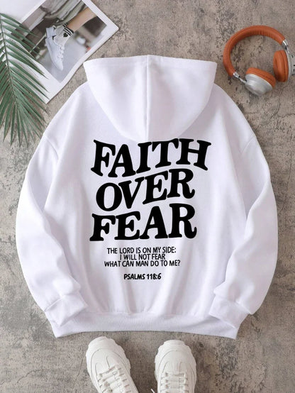 Hoodie mit Kapuze und "Faith Over Fear" Druck, lockere Passform
