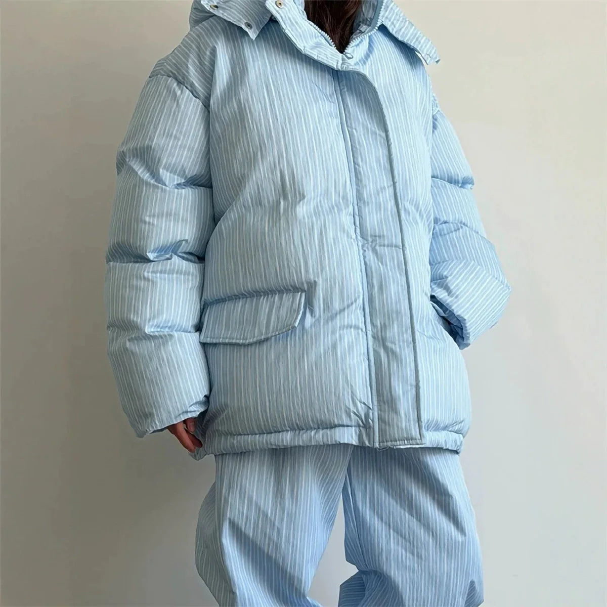 Gepolsterte Pufferjacke mit Kapuze für Damen, gestreift, Oversize-Passform