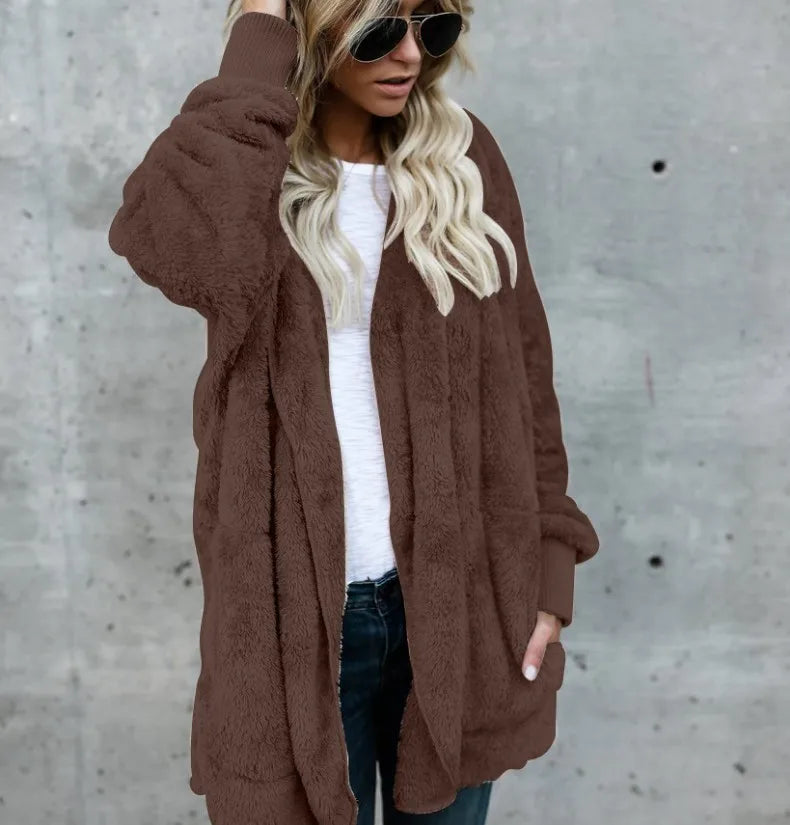 Damen Kuscheliger Teddyfell Cardigan Langarm Offene Vorderseite