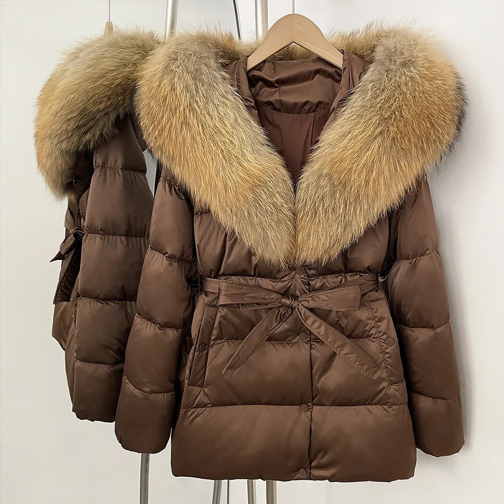 Damen Winter Steppjacke mit Kunstpelzkragen und Gürtel
