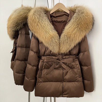 Damen Winter Steppjacke mit Kunstpelzkragen und Gürtel