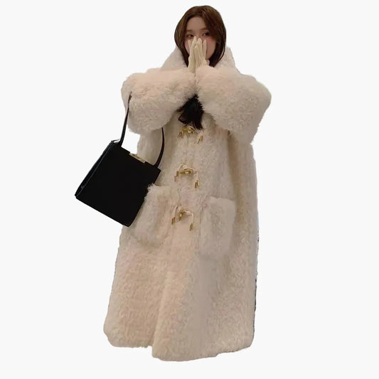 Damen Kuscheliger Oversize Teddy Dufflecoat für Winter – Modischer Langer Mantel mit Raglanärmeln