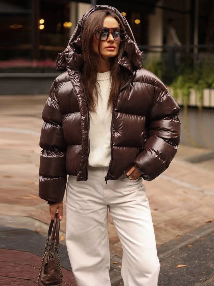 Kurze Pufferjacke Glänzend mit Kapuze Damen Winterjacke
