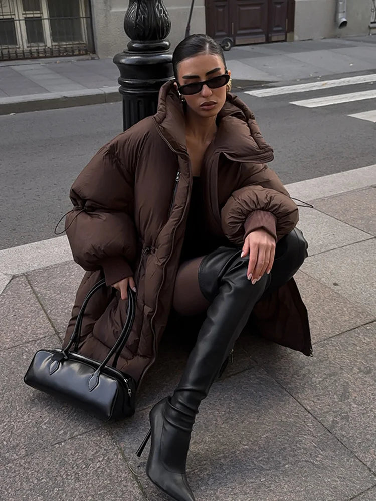 Damen Steppjacke Braun Oversize Hochkragen Kordelzug