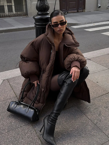 Damen Steppjacke Braun Oversize Hochkragen Kordelzug
