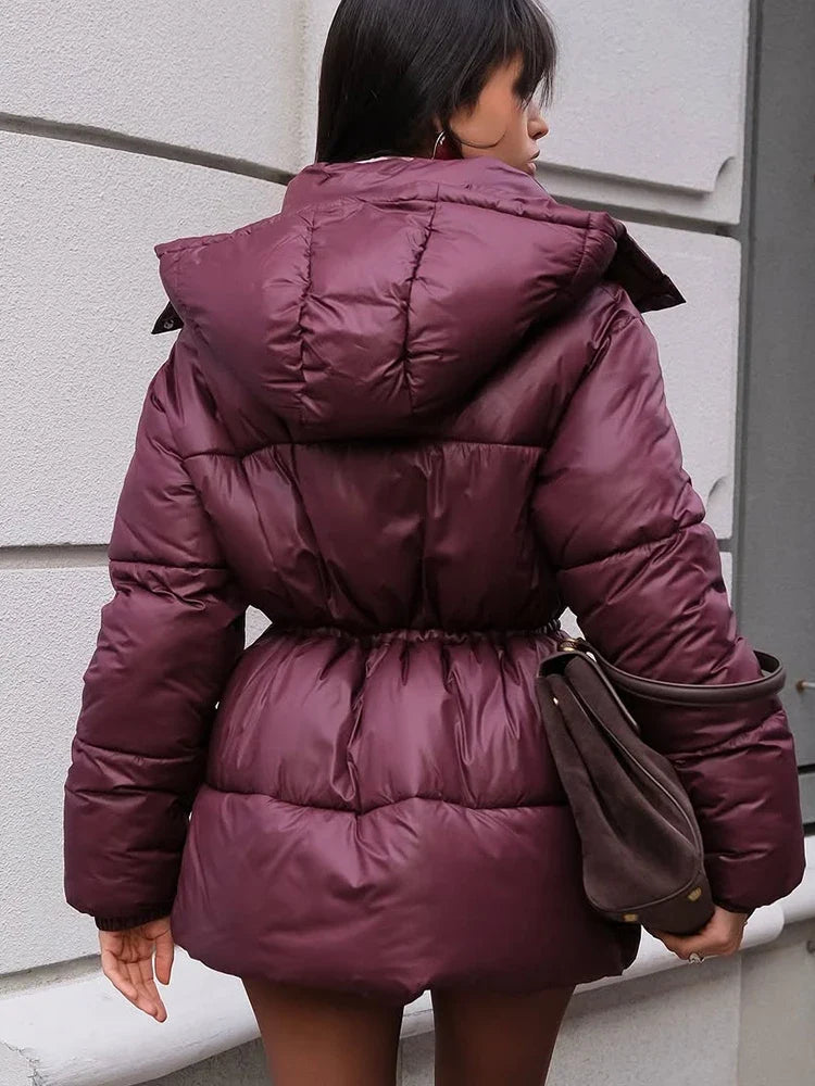 Damen Pufferjacke Stehkragen Gürtel Winterjacke