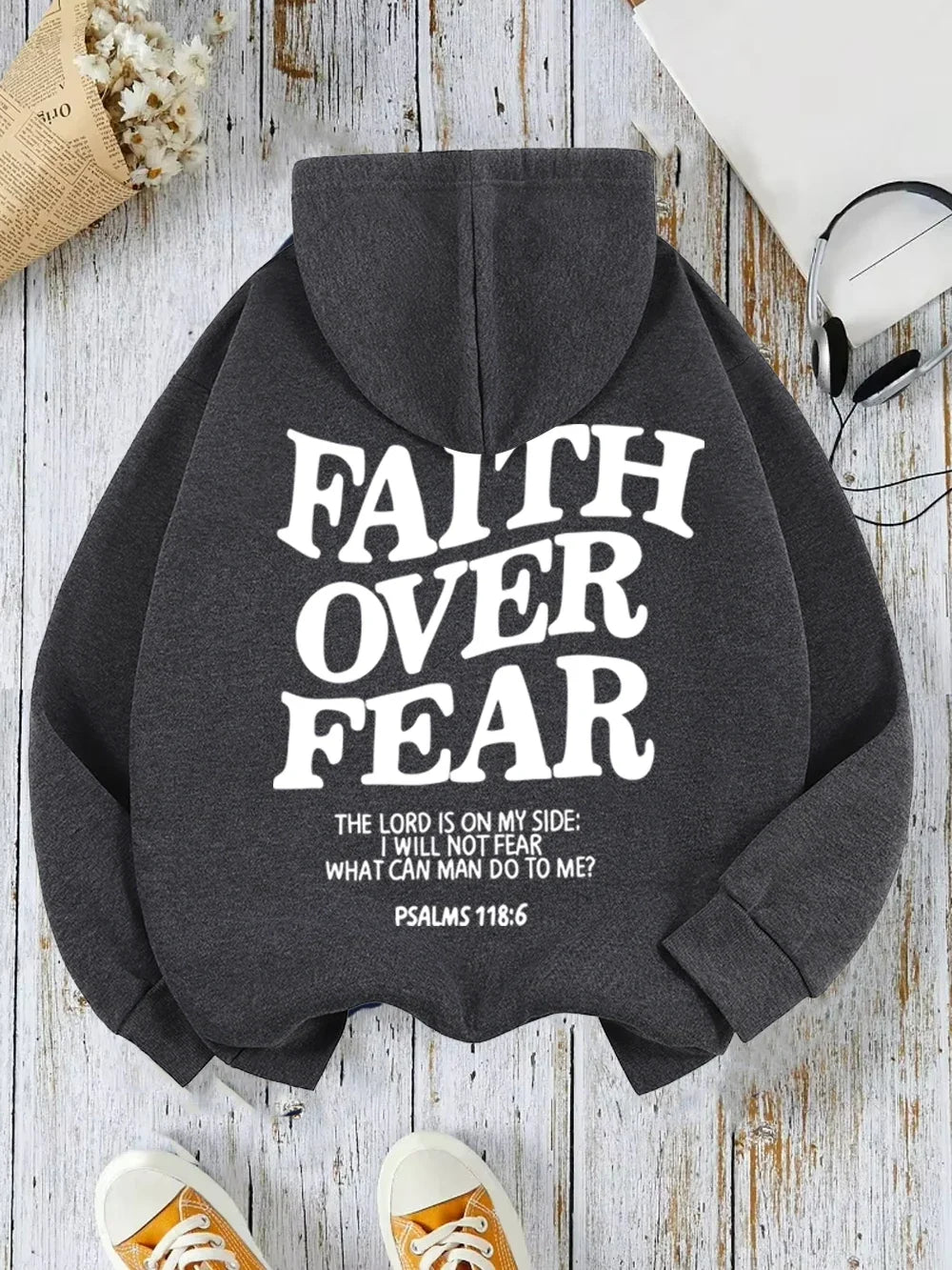 Hoodie mit Kapuze und "Faith Over Fear" Druck, lockere Passform