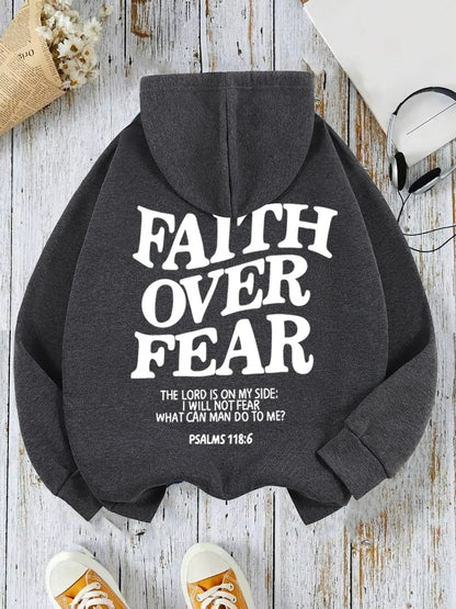 Hoodie mit Kapuze und "Faith Over Fear" Druck, lockere Passform