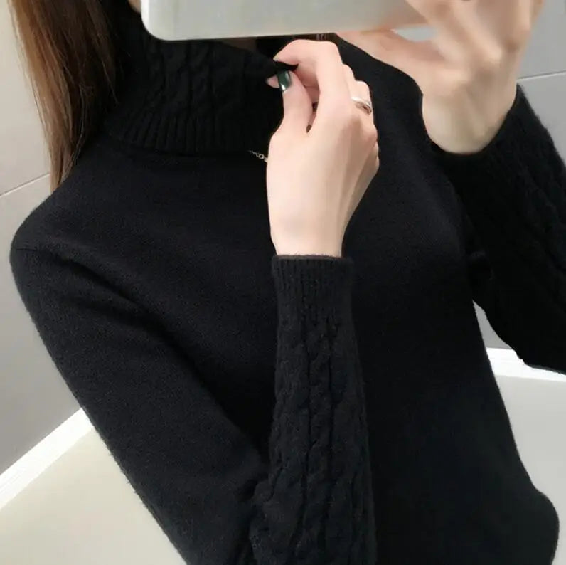 Damen Rollkragenpullover mit Zopfmuster Ärmeln und Hals - warmer Strickpullover