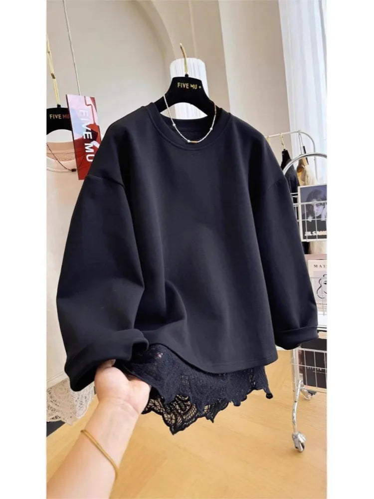 Damen Sweatshirt mit Spitze am Rücken Offen Langer Arm Creme
