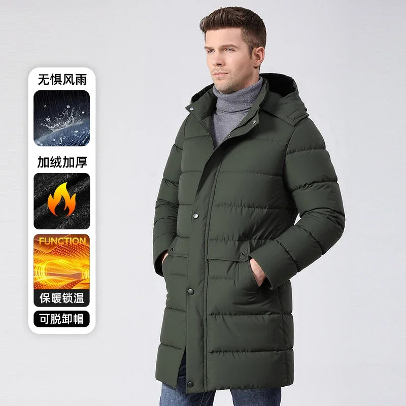 Herren Daunenmantel lang Winter Steppmantel mit Kapuze gepolstert