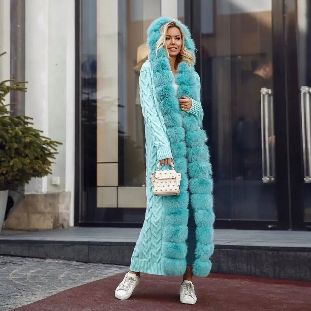 Damen Strickmantel Lang mit Kunstfellbesatz Zopfmuster Kapuze Winter