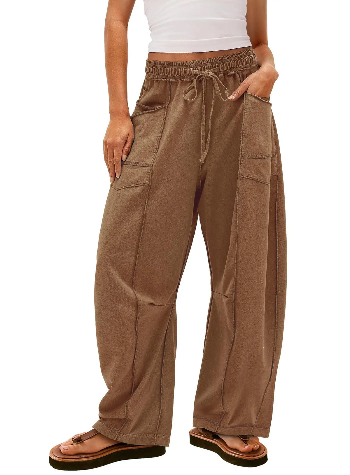 Damen Freizeithose Braun Weites Bein Elastischer Bund Kordelzug