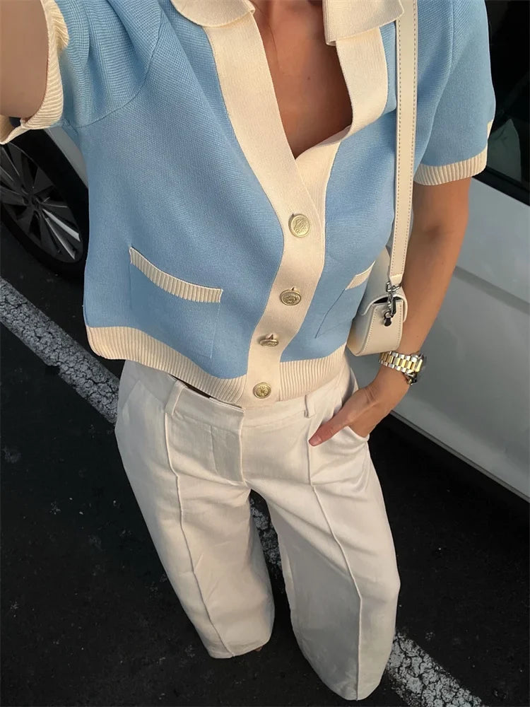 Kurzärmeliger Damen Cardigan mit Kragen & Taschen, Hellblau/Creme