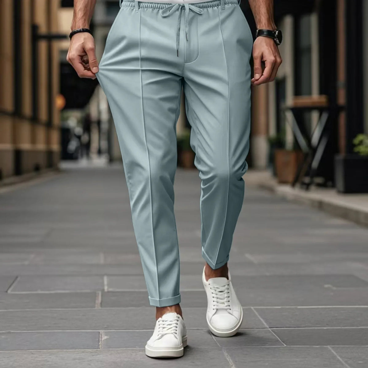 Herren Freizeithose Khaki Elastischer Bund Kordelzug Mit Bügelfalte