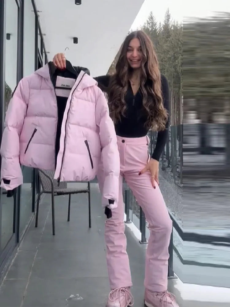Damen Steppjacke mit Kapuze & Skihose Set Hellrosa