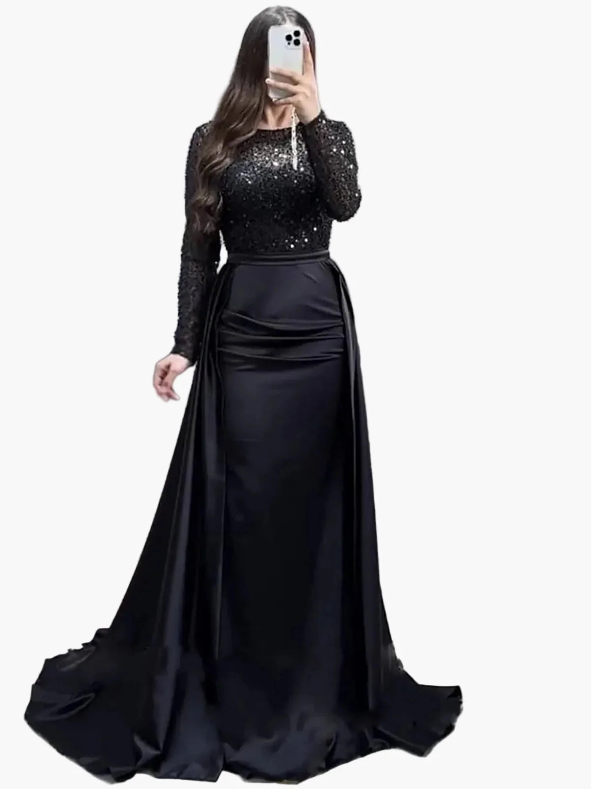 Damen Abendkleid Elegant Festlich Langarm Pailletten Satin Glanz Abendmode
