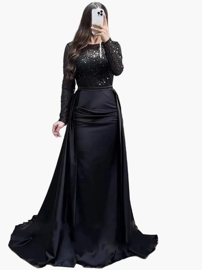 Damen Abendkleid Elegant Festlich Langarm Pailletten Satin Glanz Abendmode