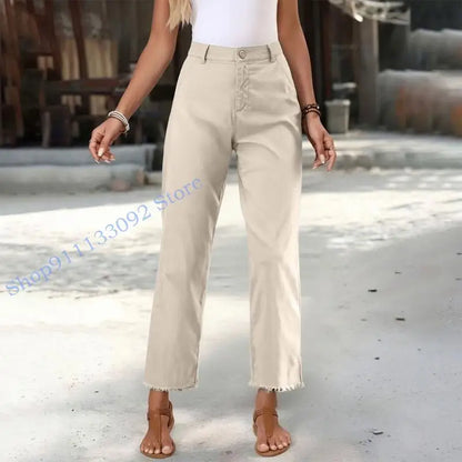 Damen Freizeithose mit hohem Bund und Fransen Saum