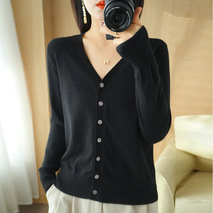 Damen Cardigan V-Ausschnitt Langarm Strickjacke mit Knöpfen