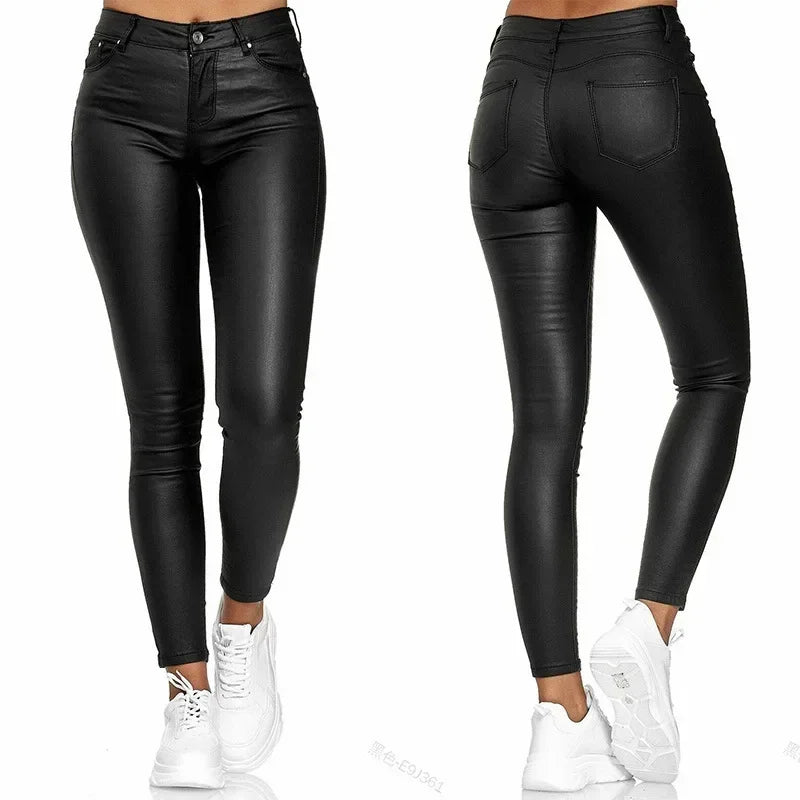 Damen Skinny Hose Glänzende Optik Kunstleder Slim Fit