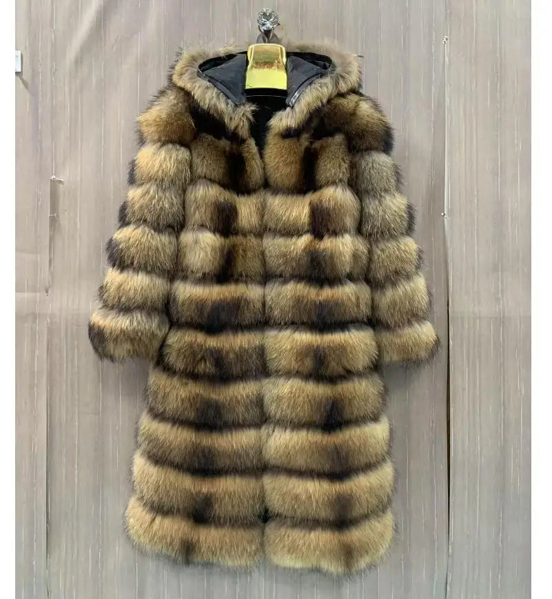 Pelzmantel mit Kapuze für Damen, Lang, Mehrfarbig