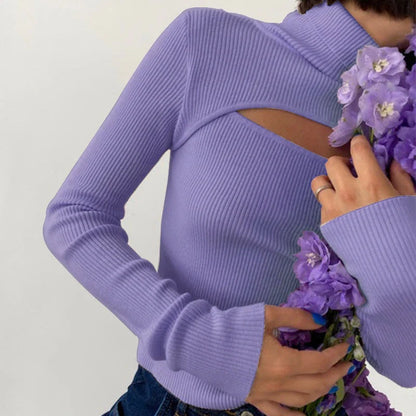 Damen Rollkragenpullover Gerippt mit Cut-Out Langarm Oberteil