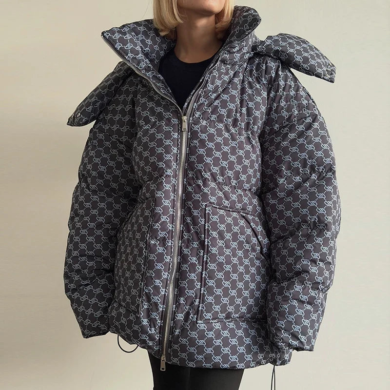 Damen Oversize Steppjacke Gemustert mit Kapuze