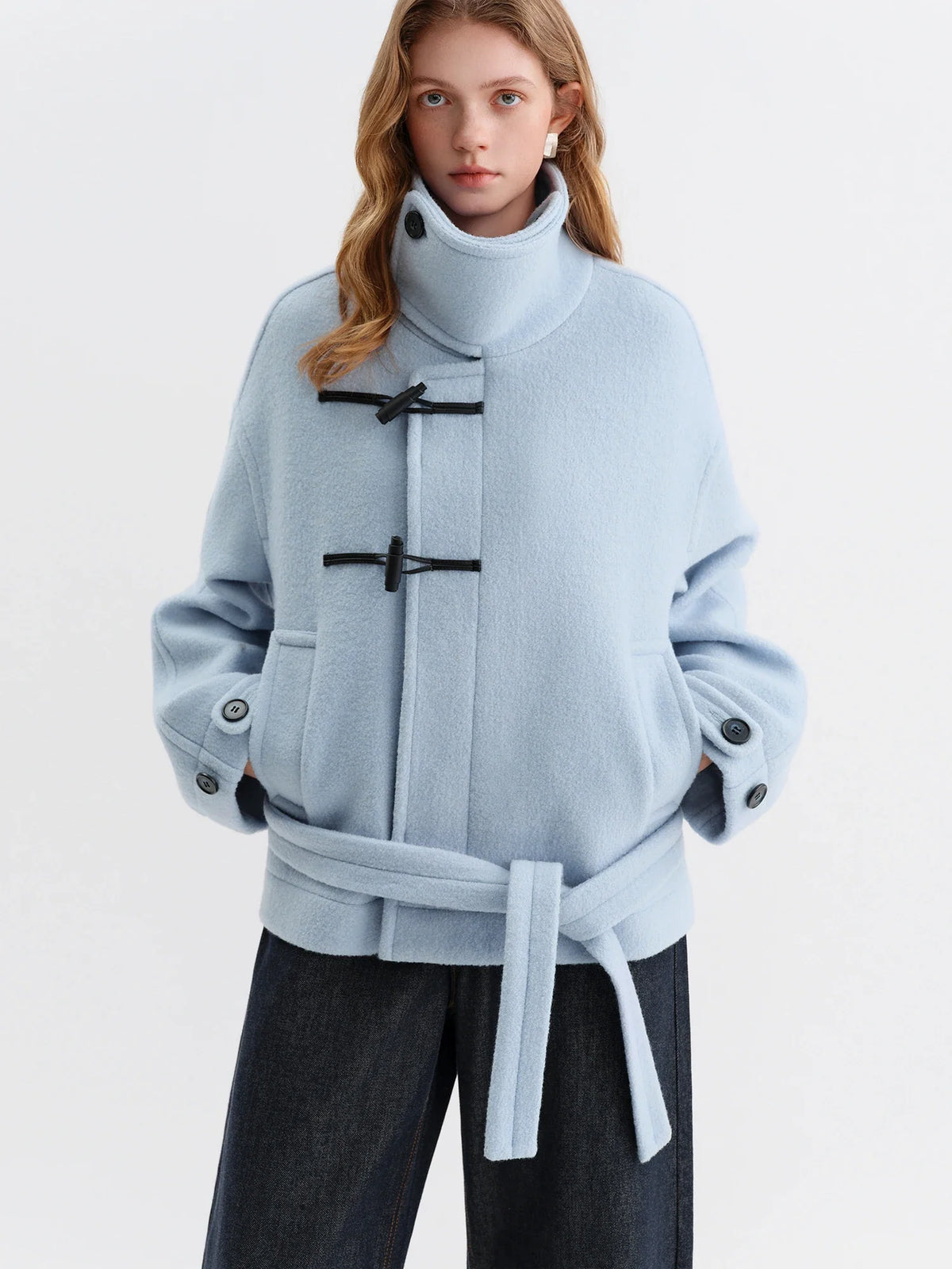 Damen Kurzmantel mit Knebelverschluss Hellblau Oversize-Passform